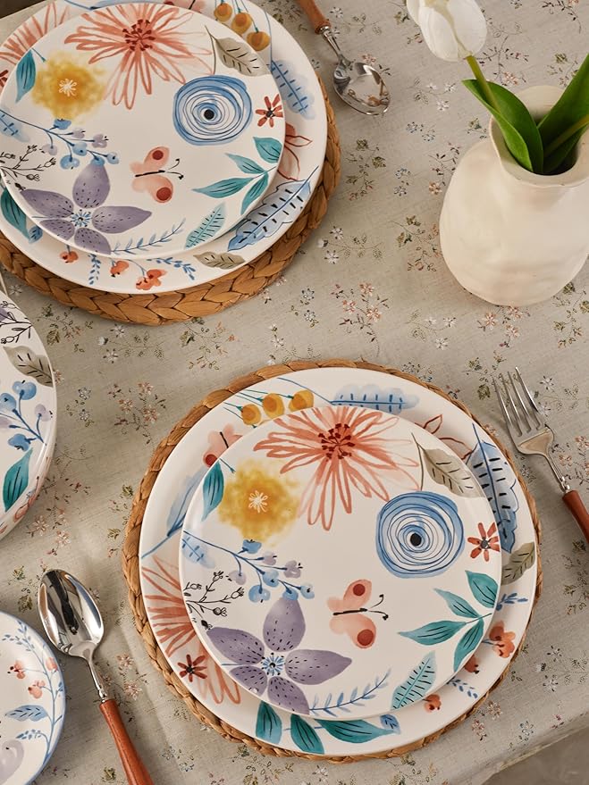 Bico Blossom Symphony Ceramic 12 pcs Dinnerware Set Service for 4 Inclusive of 11 inch Dinner Plates 8.75 inch Salad Plates and 29oz Cereal Bowls for Party Microwave &amp Dishwasher Safe