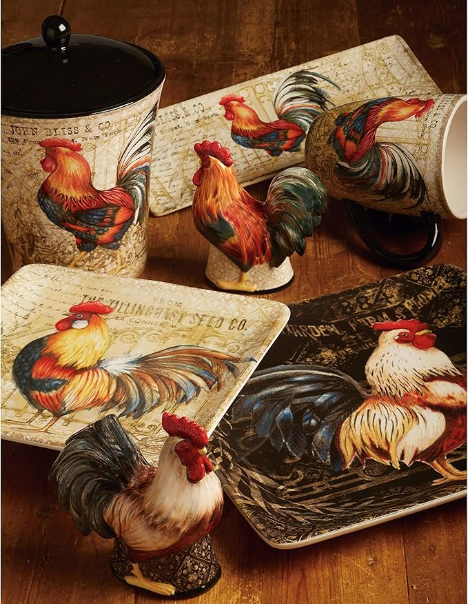 Misc Gilded Rooster 16-Piece Dinnerware Set Black Blue Red Ceramic 16 Piece Dishwasher Safe Microwave