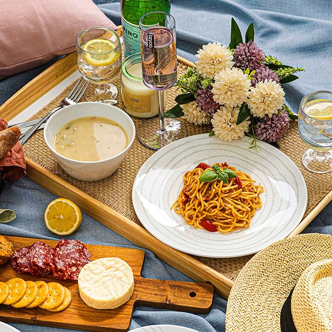 BZYOO BPA-Free Dishwasher Safe 100% Melamine Plastic Plate &amp Bowl Set Casual dining Indoor and Outdoor Dining Party (12 PCS Dinnerware set Service for 4 white planet)