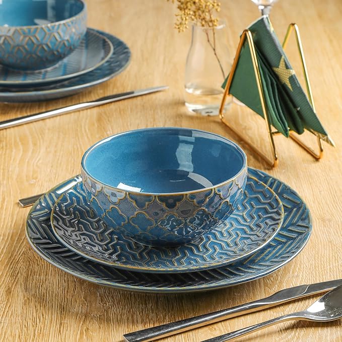 Sureasy 12-Piece Ceramic Dinnerware Set for 4 - Embossed Plates and Bowls Sets Scratch Resistant Dish Set Microwave Oven &amp Dishwasher Safe Blue