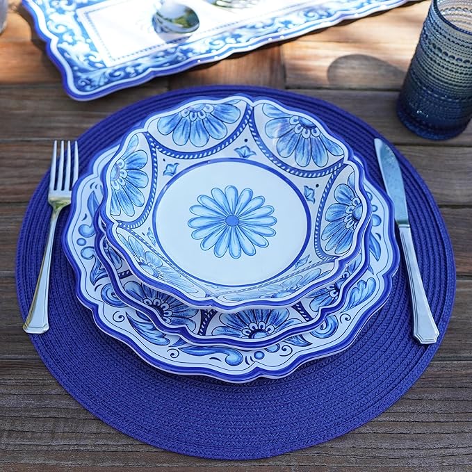 Veranda Melamine 12-Piece Dinnerware Set Service for 4 – Includes Dinner Plates Salad Plates and Bowls – Elegant Blue and White for Everyday Use Indoor/Outdoor Dining and Entertaining