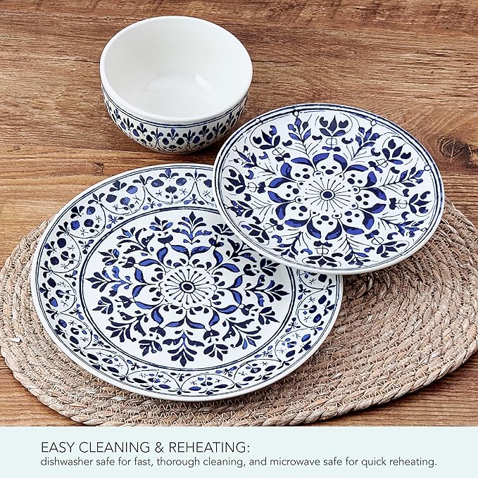 Pfaltzgraff Medallion Radiance 12 Piece Stoneware Dinnerware Plate Bowl Dish Set Service for 4 Blue