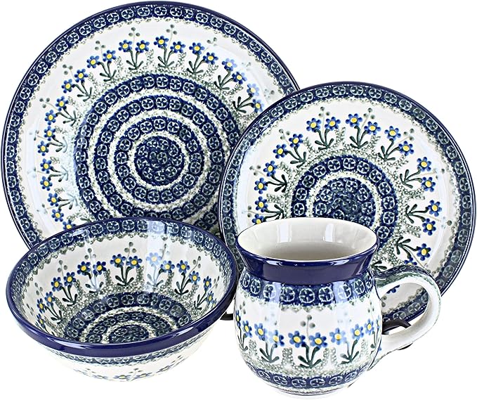 Blue Rose Polish Pottery - Blue Posy 4 PC Place Setting - Service for 1-1 Place Setting - Great for Everyday Dining Casual Dining or as Formal Dinnerware