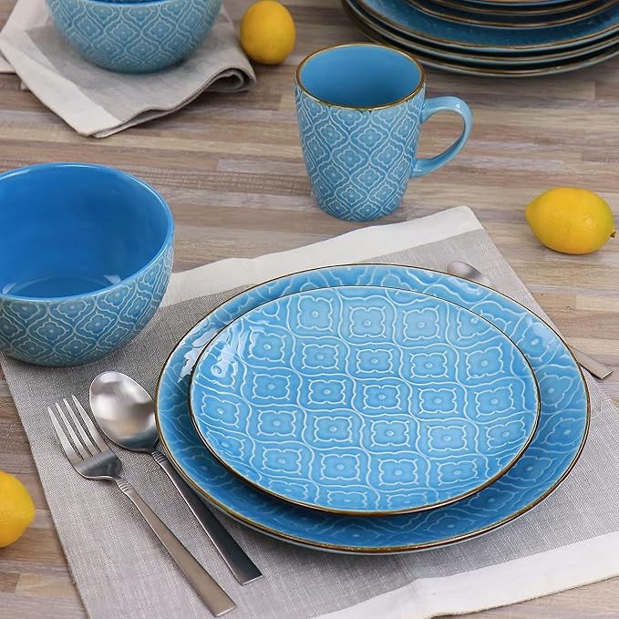 16 Piece Embossed Stoneware Dinnerware Set – Teal Dishes with Glossy Finish and Trimmed Edges Microwave &amp Dishwasher Safe Tableware Set for 4 Elegant Dinner Plates and Bowls