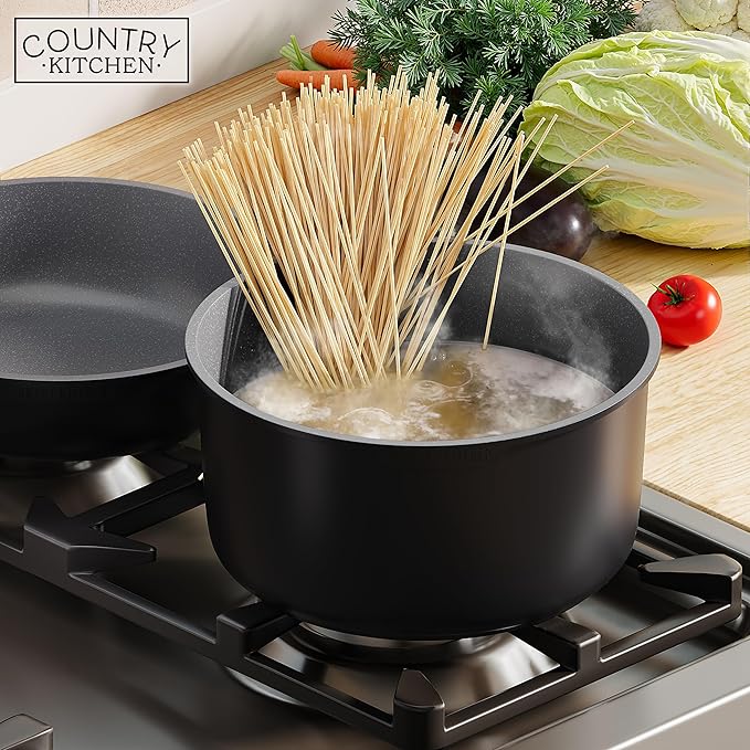 Country Kitchen Cookware Set with Removable Handle Oven &amp RV Safe Pots and Pans Set Black/Grey Wood Handle Original