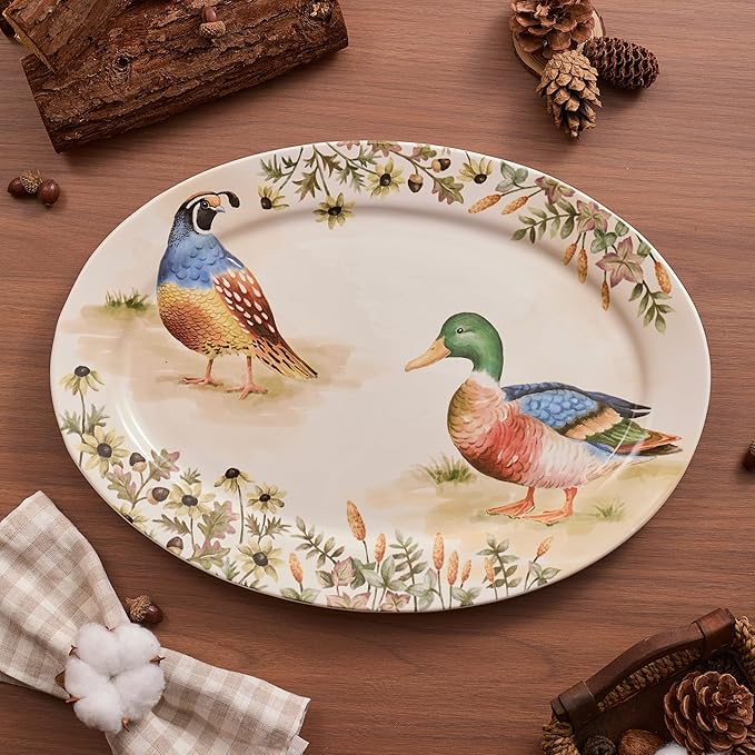 Bico Autumn Birds 16 plus 14 inch Oval Platters Set Set of 2 Microwave and Dishwasher Safe for Serving Fish Chicken Turkey