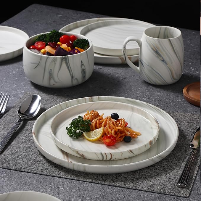 Lorren Home Trends Marble Pattern Dinnerware Set 16 Piece Service for 4 Includes 10.5 Dinner Plates 7.75 Salad Plates 32 oz Bowls 16 oz Mugs Dishwasher &amp Microwave Safe