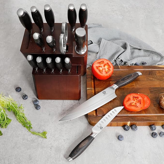 WILDMOK Kichen Knife Block Set 17-piece Knife Set with Wooden Block German Steel Kitchen Knives Sets with Bone Chopper Gift Box