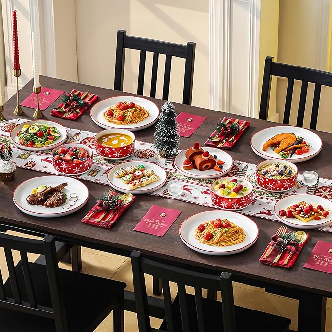 MALACASA Plates and Bowls Sets 12 Pieces Christmas Porcelain Dinnerware Set for 4 Ceramic Dishware Dishes Kitchen Dinner Dining Ware Set Microwave and Dishwasher Safe Series LUNA-Santa Claus