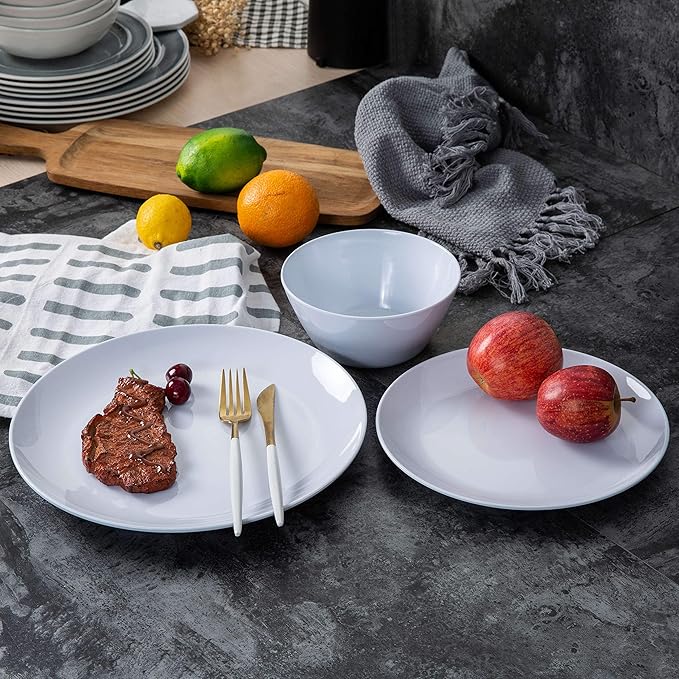 Melamine Dinnerware Set - 12pcs Plates and Bowls for 4Durable Melamine Dishes Set for Everyday Use Lightweight &amp Dishwasher SafeWhite