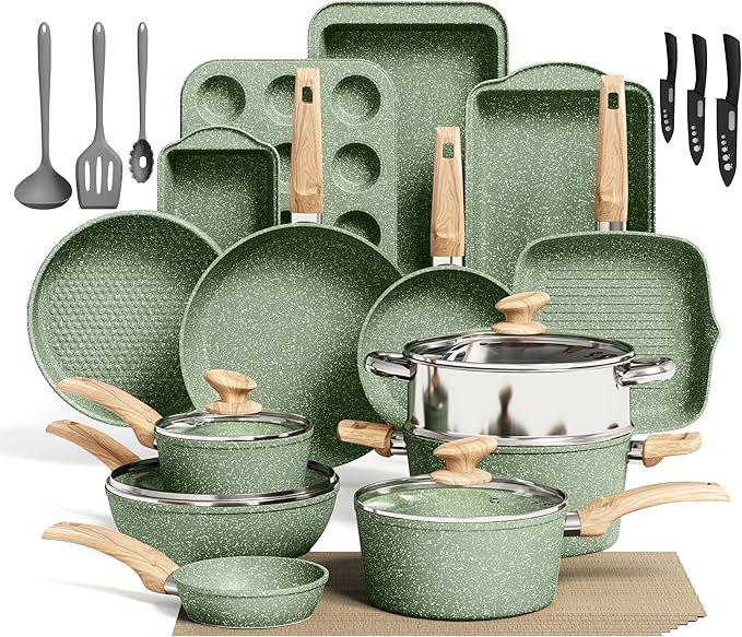 Kitchen Academy 30Pcs Induction Cookware Sets - Nonstick Kitchen Cooking Pans Set Pots and Pans Set Non Stick Green Healthy &amp Non Toxic Cookware Set