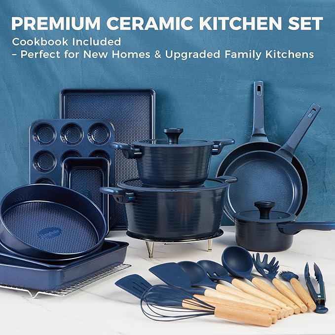 HONGBAKE 26 Pcs Pots and Pans Set Non Stick Non Toxic Ceramic Cooking Set With 10 Silicone Utensils Kitchen Induction Cookware &amp Bakeware Sets with Diamond Texture Pattern PFOA Free Blue