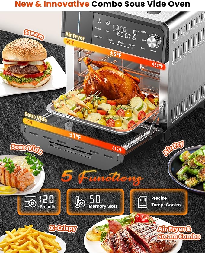 Nuwave Combi Steam Oven Non-Toxic Stainless Steel Multi-Cooker with Air Fry Sous Vide Toast &amp More 50-450°F Precision 120 Presets Moisture Control Programmable Easy to Clean 16 quarts