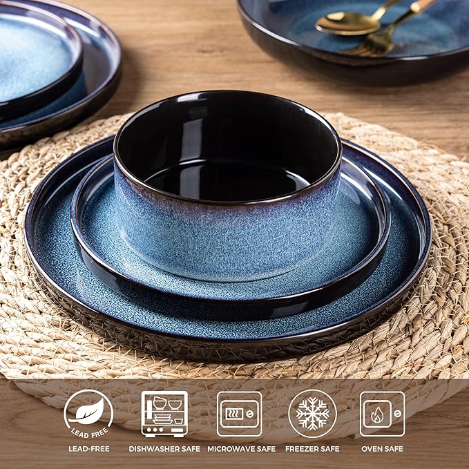 LERATIO Ceramic Dinnerware Sets for 4Round Reactive Glaze Ceramic Plates and Bowls SetHighly Chip and Crack Resistant | Dishwasher &amp Microwave Safe Dishes SetService for 4 (12pc)-Blue