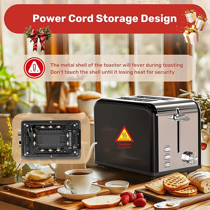 YSSOA Stainless Steel Toaster 2 Slice with Extra Wide Slot &amp Removable Crumb Tray 6 Shade Settings and Bagel/Defrost/Cancel Functions Compact Oven for Various Bread &amp Waffle Black (Pack of