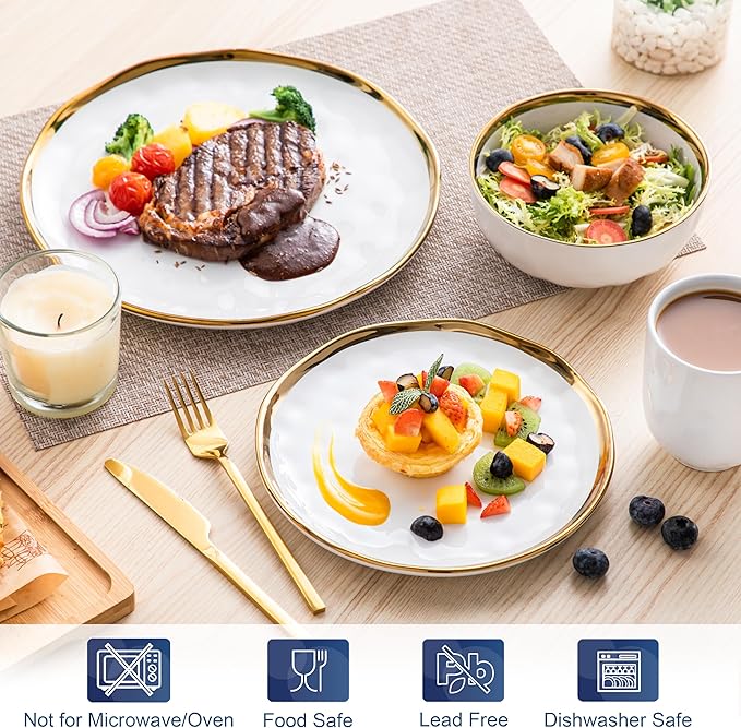 LOVECASA 16 Pieces Plates and Bowls Sets Porcelain White and Gold Dinnerware Sets Round Dinner Plates Dishes Set Service for 4 Dishwasher Safe and Scratch Resistant White