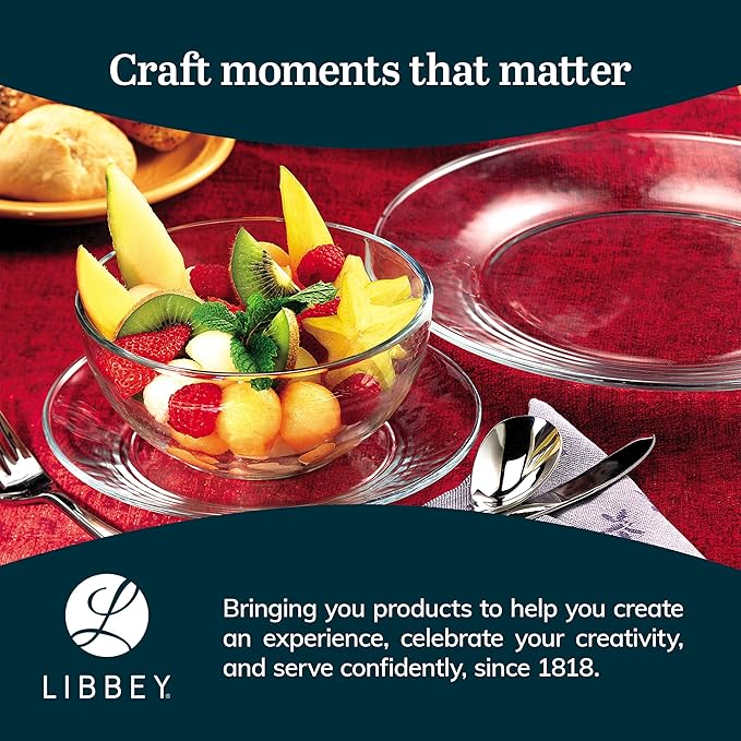 Libbey Round 12 Piece Glass Dinnerware Set Stackable Glass Plate and Bowl Set w/Round Shape Modern Plates and Bowls Sets for Gatherings and Everyday Use