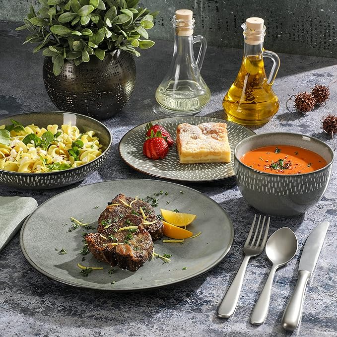 Gibson Elite Matisse 16-Piece Double Bowl Dinnerware Set Service for 4 – Green Stoneware Plates and Bowls