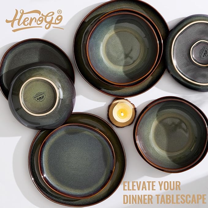 Herogo Stoneware Dinnerware Sets for 8 24 Piece Plates and Bowls Dish Set Irregular Handmade Dinner Ware Dishware for Kitchen Dinning Microwave &amp Dishwasher Safe Lichen Green