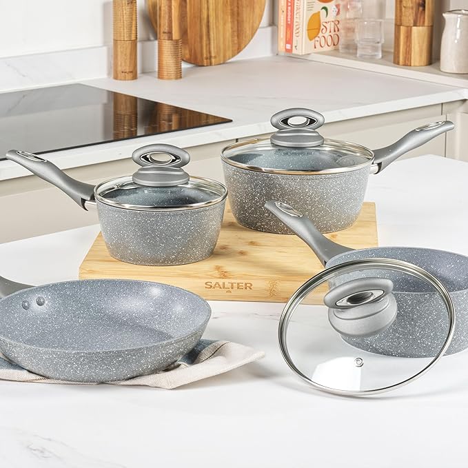 Salter Marblestone 4 Piece Cooking Set – 16cm 18cm 20cm Saucepans with Lids 24cm Frying Pan Non-Stick Corrosion Resistant Forged Aluminium PFOA-Free Suitable for All Hobs Dishwasher Safe
