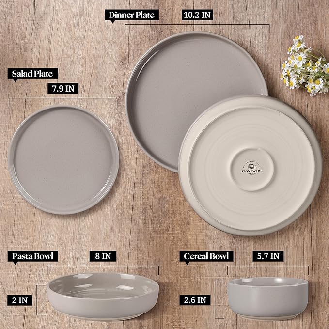 HaWare 16-Piece Plates and Bowls Set for 4 Stoneware Dinnerware Sets with Pasta Bowl Dishes Set for Home Restaurant Speckled Cream Coffee