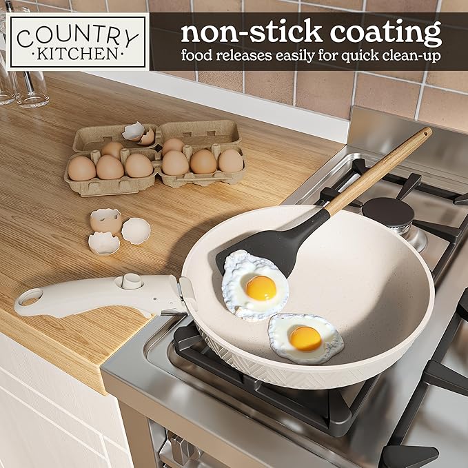 Country Kitchen Cookware Set with Removable Handle Oven &amp RV Safe Pots and Pans Set Cream Rhombus Original