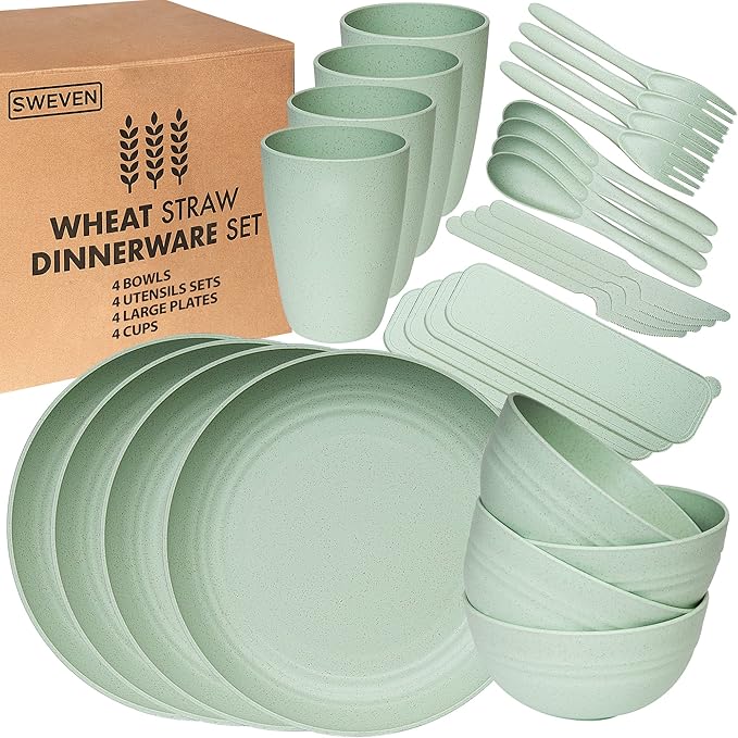 Wheat Straw Dinnerware Sets | Unbreakable Dinnerware Sets | Dishwasher Microwave Safe Dinnerware | Eco Friendly Non Breakable Dinnerware Sets | RV Outdoor Camping (Green Service for 4 (28 pcs))