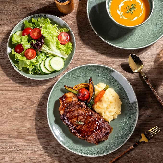 AmorArc Ceramic Dinnerware Sets for 4 12 Pieces Handpainted Plates and Bowls Set Scratch Resistant Stoneware Dishes Set Dishwasher &amp Microwave Safe Jade Green