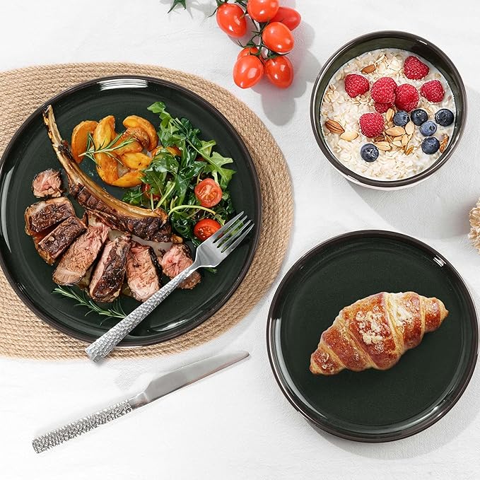 E-far Stoneware Dinnerware Sets for 4 12 Pieces Reactive Glaze Plates and Bowls Sets Elegant Dishes with Rustic Terracotta Base Dishwasher &amp Microwave Safe Scratch Resistant Blackish Green