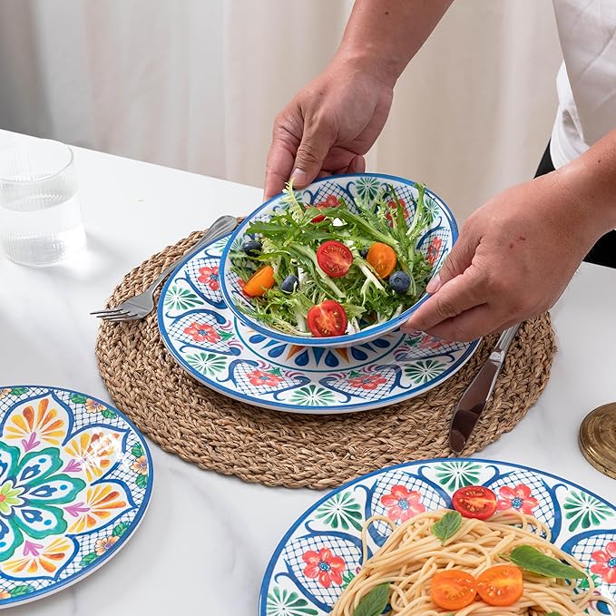 18 Pieces Melamine Dinnerware Sets Service for 6 Paisley Kitchen Plates and Bowls Set Unbreakable &amp Lightweight Dinnerware Set Camping Dishs Indoor Outdoor Use Spanish Floral Pattern