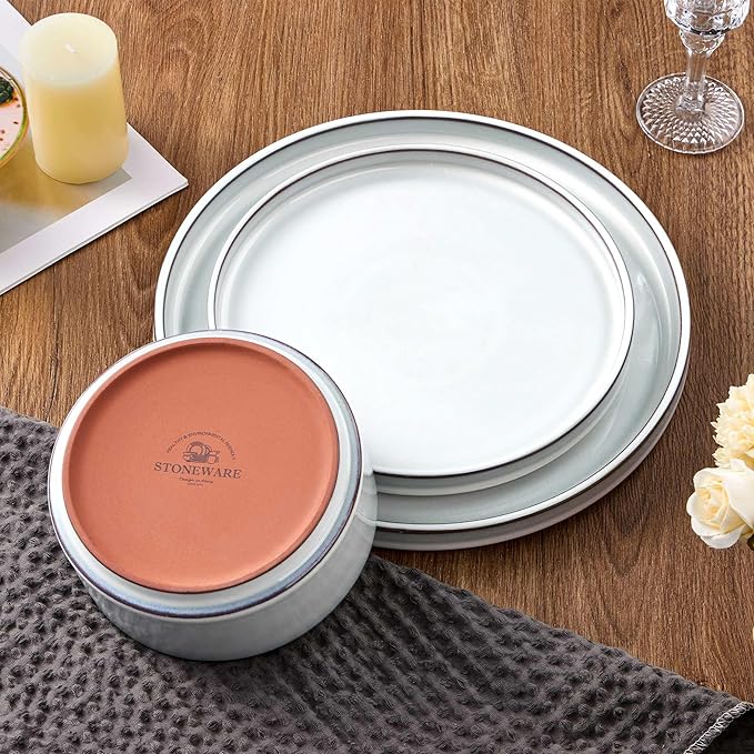 LIANYU Plates and Bowls Dinnerware Sets for 8 24 Piece Stoneware Tableware Dishes Set Includes Dinner Dessert Plate Cereal Bowl Rustic Terracotta Underside Dishwasher &amp Microwave Safe Lucent W