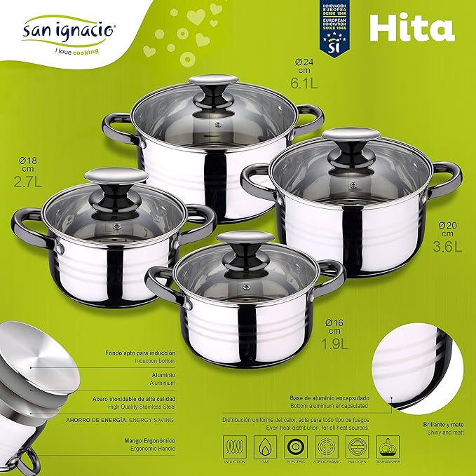 San Ignacio Jolie 8-Piece Cookware Suitable for Induction Hita in Stainless Steel with Set of 12 Silicone Lids