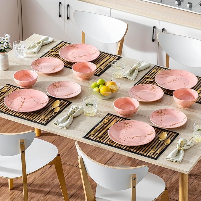 LOVECASA Pink Dinnerware Sets for 4 12 Piece Porcelain Plates and Bowls Sets Gold Splash Dish Set Modern Ceramic Dinner Set Dishwasher Microwave Safe