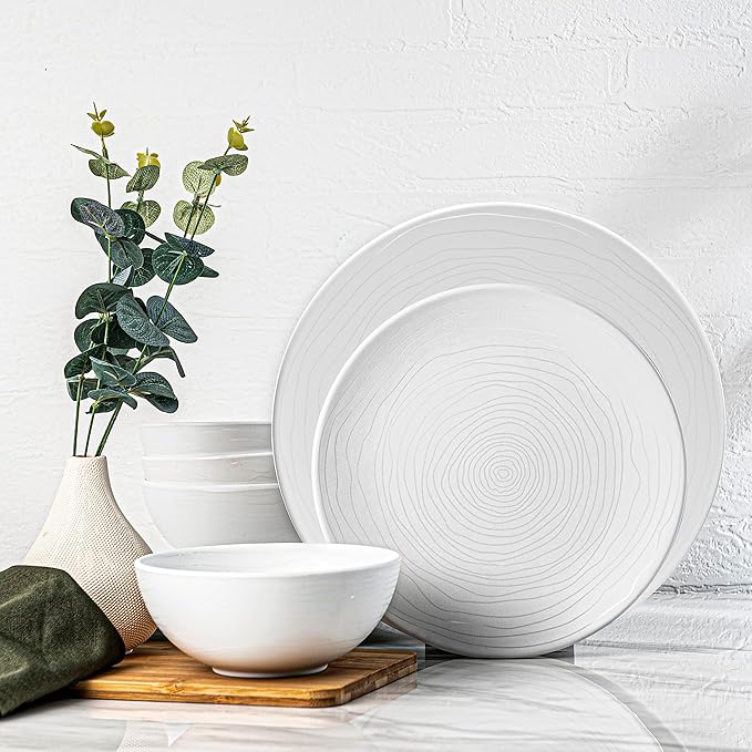 bzyoo 12 Piece White Melamine Dinnerware Set - Durable Easy to Clean Plates and Bowls - Ideals for Parties Camping Dish Set BPA Free Organica White Collection