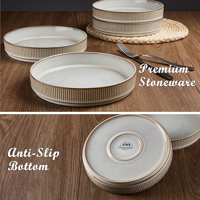 E-far 12-Piece Plates and Bowls Sets with 35oz Pasta Bowls Set of 4 Stoneware Dinnerware Dishes Sets Kitchen Modern Dining Dishware Creamy Beige