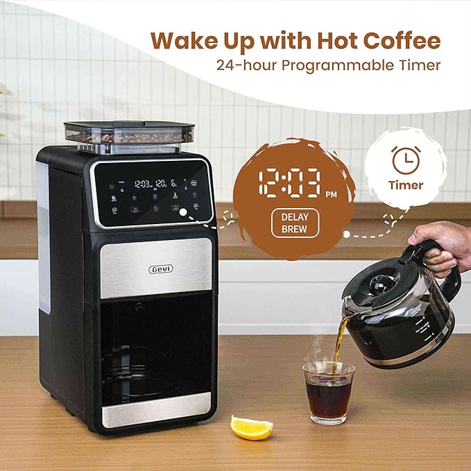 Gevi 10 Cup Drip Coffee Maker with Built-in Grinder Grind ＆ Brew Burr Combo Coffee Machine with Touch Screen Programmable 4-Hour Warm Plate Permanent Filter Coffee Carafe