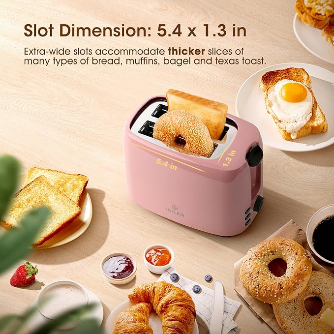 iSiLER 2 Slice Toaster 1.3 Inches Wide Slot Bagel Toaster with 7 Shade Settings and Double Side Baking Removable Crumb Tray Defrost Cancel Function Pink