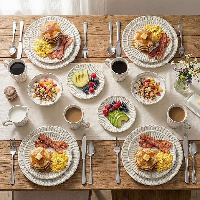 Dinnerware Set for 4 Ceramic Plates Bowls and Mugs Dishwasher &amp Microwave Safe Ideal for Family Dinners Parties and Everyday Use White (16-Piece)