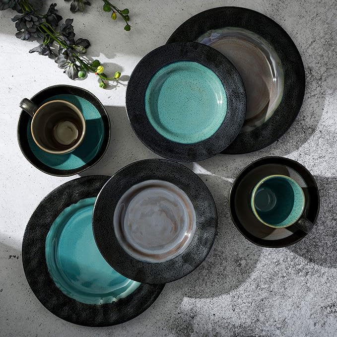 Gibson Elite Dragonstone Round Reactive Glaze Stoneware Dinnerware Set Service for Four (16pcs) Aqua