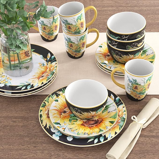 Sunflower Fields 16-Piece Ceramic Dinnerware Set – Great for Fall Gatherings Daily Meals Brunches or Hosting – Service for 4 Includes Dinner Plates Salad Plates Bowls &amp Mugs