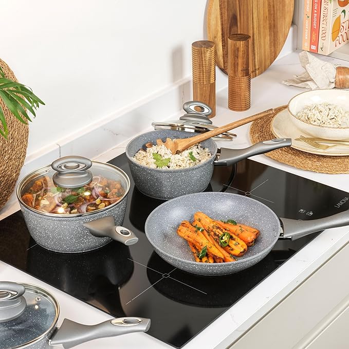 Salter Marblestone 4 Piece Cooking Set – 16cm 18cm 20cm Saucepans with Lids 24cm Frying Pan Non-Stick Corrosion Resistant Forged Aluminium PFOA-Free Suitable for All Hobs Dishwasher Safe