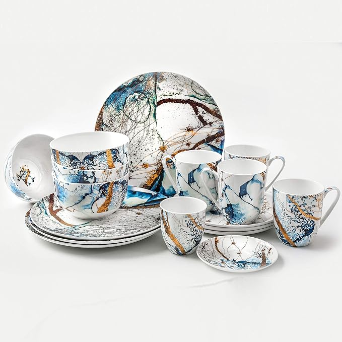 KOKEN - Ocean Blue 16 Piece Dinnerware Set (Service for 4) fine bone china - Dish Plates and Bowls Sets Service for 4 Dinner Salad Dessert Plates and Cereal Bowls Set Blue - Microwave safe