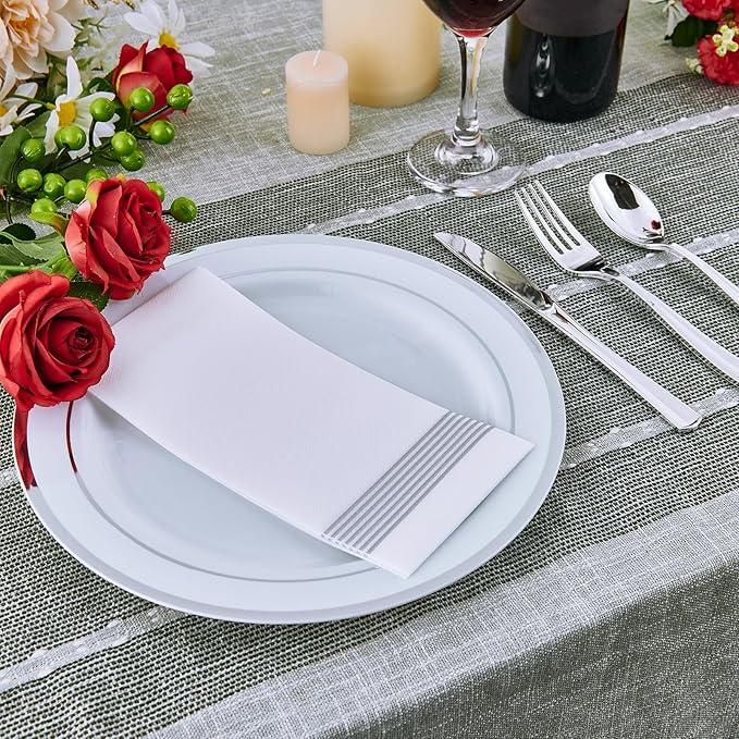 Vplus 100 Piece 10 Inch Silver Plastic Plates Disposable Heavy Duty White Elegant Durable Dinner Plastic Party Plates with Silver Rim Perfect for Party Christmas