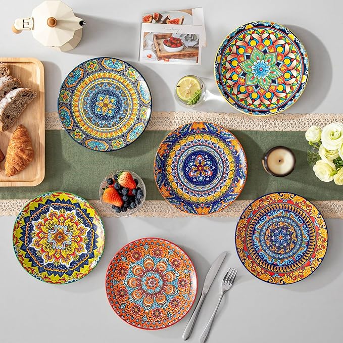 vancasso Colorful Dessert Plates Set of 6 8.5 Inch Ceramic Salad Plates Boho Small Dinner Plates Bohemian Printed Kitchen Plate for Breakfast Microwave &amp Dishwasher Safe Dishes Series KRVI