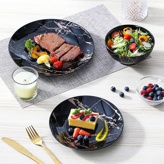 LOVECASA Plates and Bowls Sets for 4 12 Pieces Porcelain Dinnerware Sets Black and Gold Dish Set Gold Splash Dishware Sets Dishwasher Microwave Safe