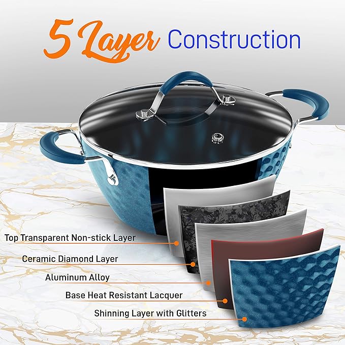 NutriChef 11 Pc Ceramic Cookware Set - Excilon Blue Diamond Nonstick Induction Ready Includes Saucepan Fry Pans Dutch Oven Utensils Dishwasher Safe - NCCW11BD.7