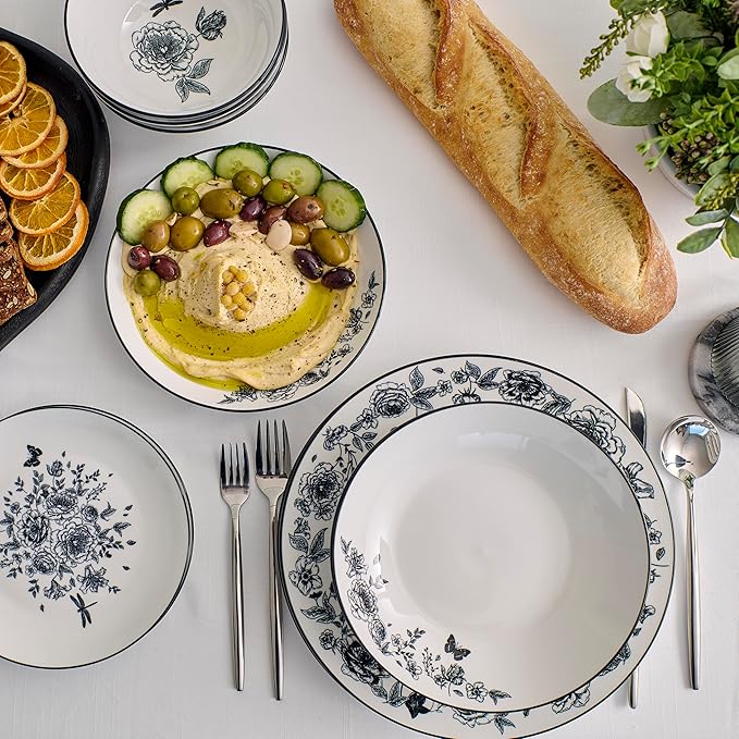 Stone Lain Esme 16-Piece Dinnerware Set Porcelain Plates and Bowls Set Dish Set for 4 Cereal and Pasta Bowls Microwave and Dishwasher Safe Black