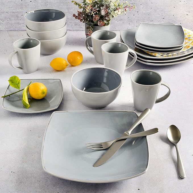 Gibson Elite Soho Lounge Square Reactive Glaze Stoneware Dinnerware Set Service for 4 (16pc) Light Gray