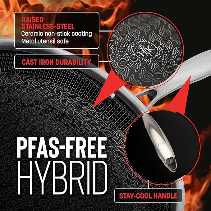 Hell’s Kitchen Hybrid Cookware 6 Piece Pot Set 11 In Fry Pan 4 Qt Sauté Pan 7.5 Qt Pot 2 Tempered Glass Lids Nonstick Scratch-Resistant Dishwasher Safe Multi-Cooktop Oven-Safe