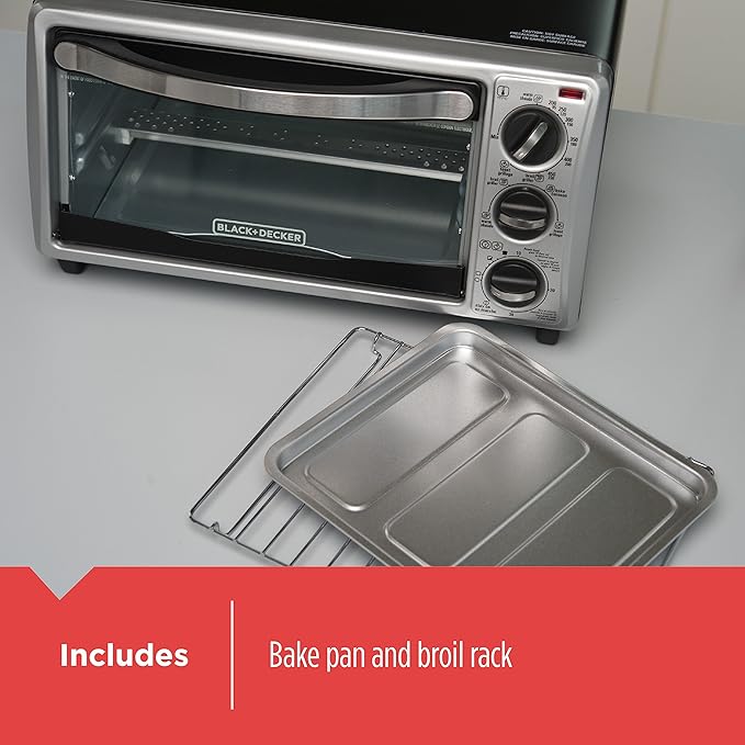 BLACK+DECKER 4-Slice Toaster Oven TO1313SBD Even Toast 4 Cooking Functions Bake Broil Toast &amp Electric Skillet Variable Temperature Control Nonstick Cooking Surface